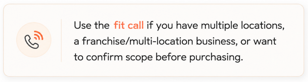 Notice explaining that a fit call is recommended for multi-location, franchise, or complex inspection scopes before purchasing